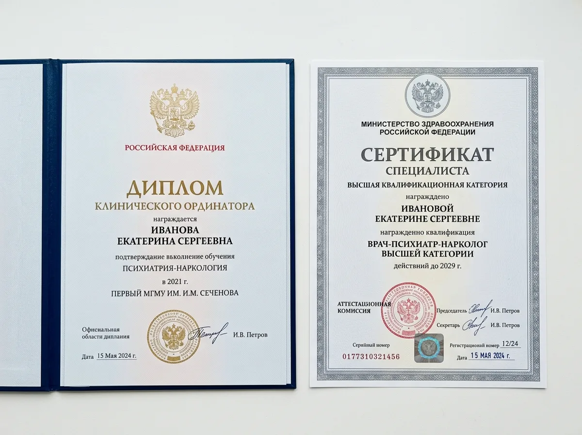 Диплом и сертификат врача-психиатра нарколога высшей категории, документы на белом фоне, профессиональное фото
