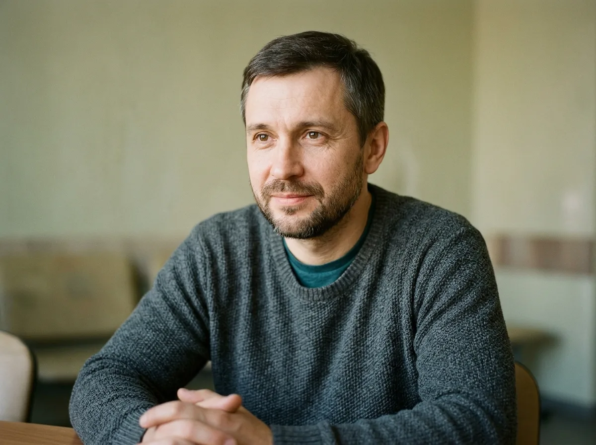 Фото мужчины около 40 лет, аватар отзыва пациента наркологической клиники, нейтральный фон